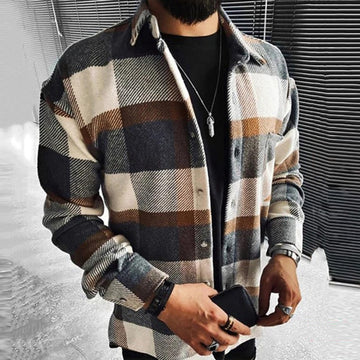 Wiaofellas Business Casual Plaid Print Wool Shirt Jacket Men 2023 Spring Single Breasted Lapel Top Autumn Pocket Patchwork T-shirt Cardigan